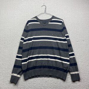 Tommy Hilfiger Blue / Grey Striped Pullover V-Neck Sweater Long Sleeve Mens S